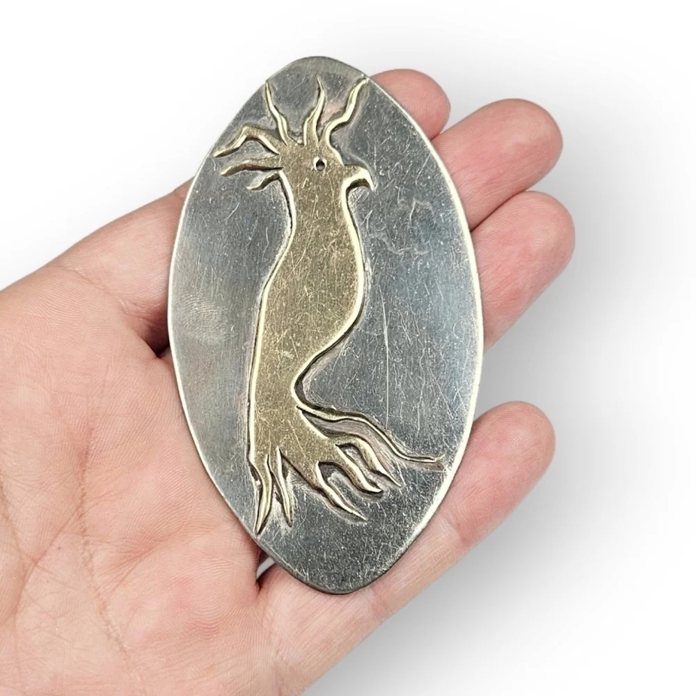 Vintage Cockatoo Brooch Brass Alpaca Silver Large Oval Tropical Bird  40s 3 3/8